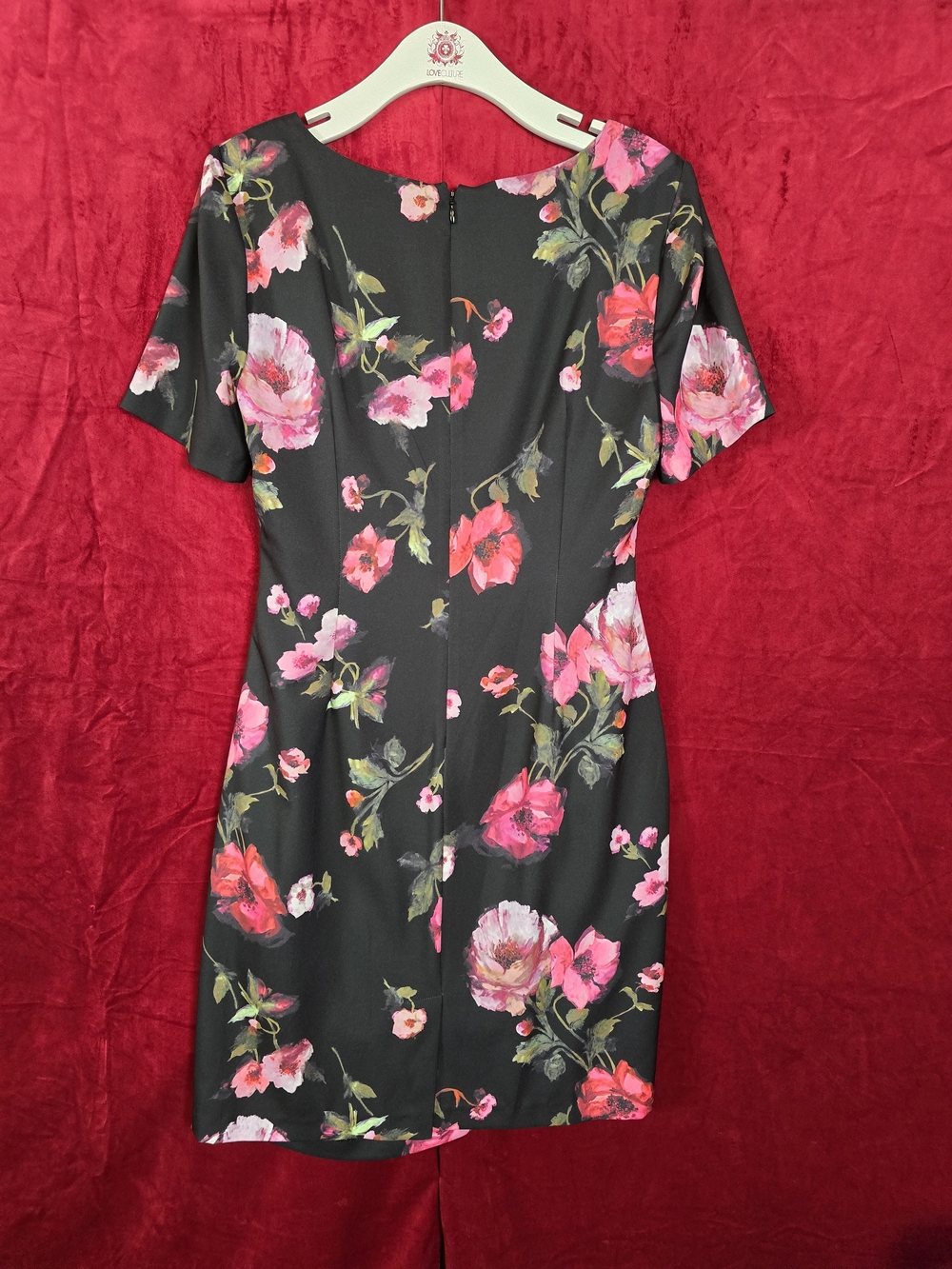 Adrianna Papell Black Floral Faux-Wrap Short Sleeve Dress - Picture 3 of 5